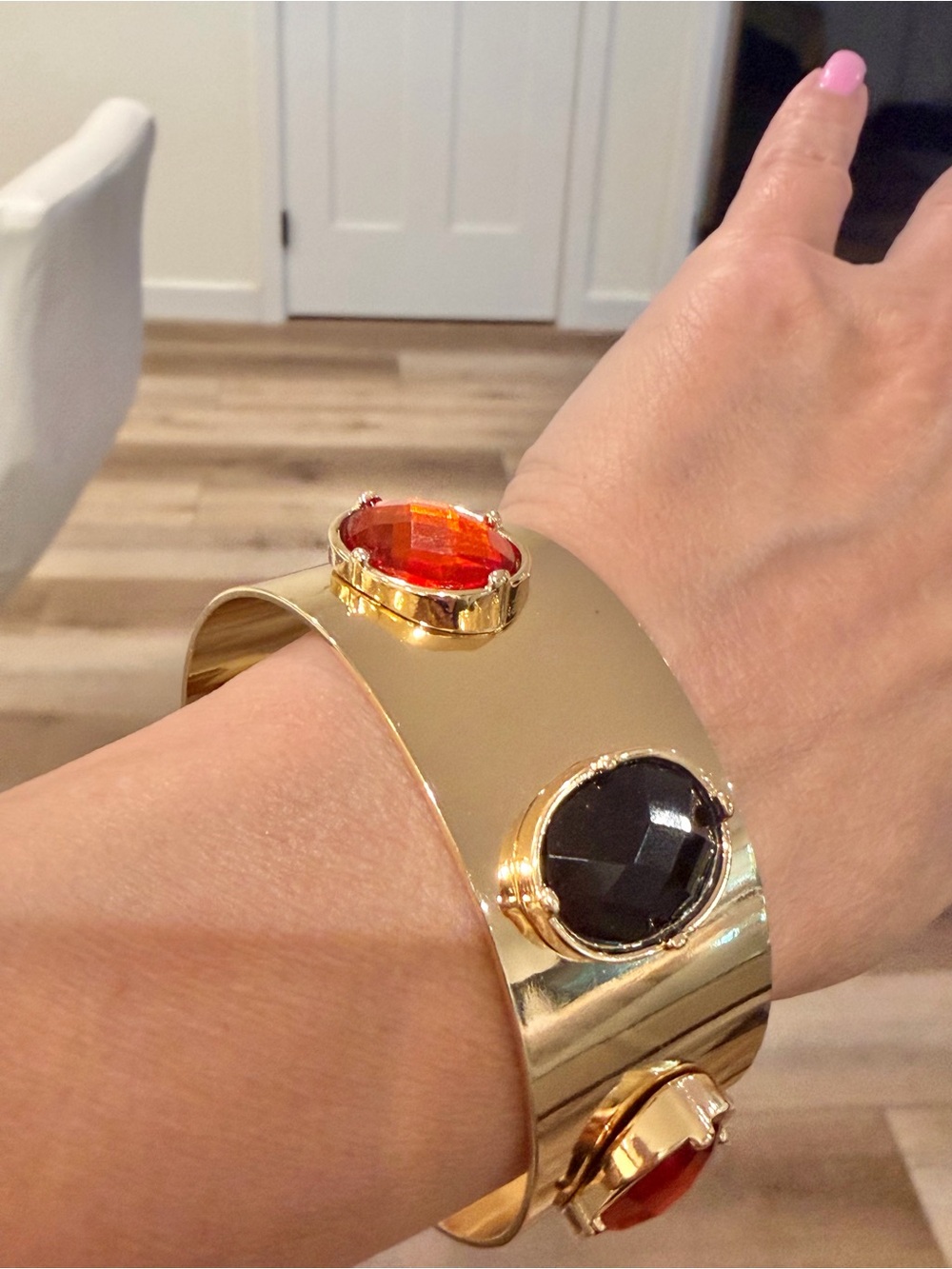 Gold-Tone Cuff Bracelet with Black and Red Gem Accents like new!